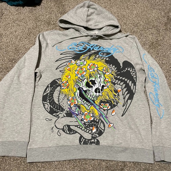 Ed Hardy Skull Flower Graphic Hoodie Mens Gray Long Sleeve Pullover Sweatshirt - Picture 1 of 8